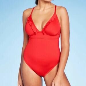 Shade & Shore red Ruffle Front One Piece Swimsuit
